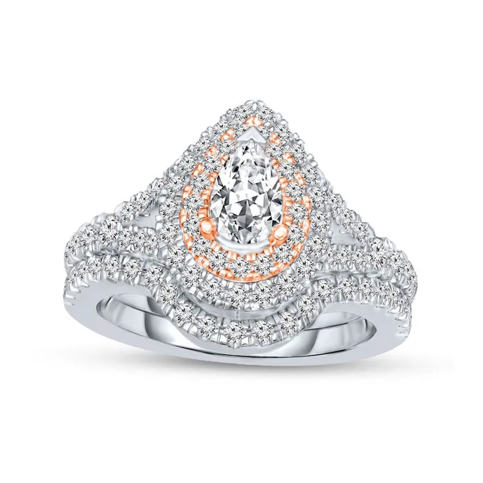 Goldia Rings 10 CT TW PearShaped Natural Diamond Double Frame Bridal Engagement Ring Set in Solid 14K TwoTone Gold Goldia Rings 10 CT TW PearShaped Natural Diamond Double Frame Bridal Engagement Ring Set in Solid 14K TwoTone Gold