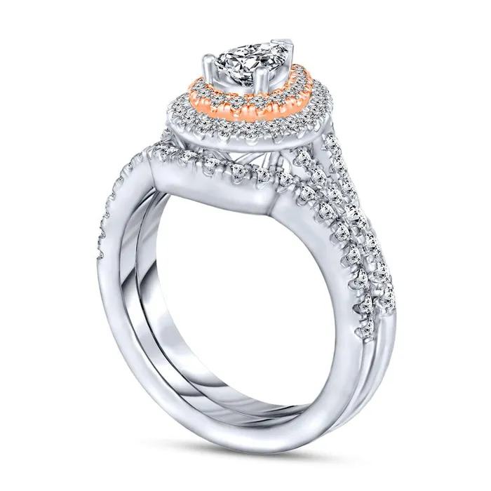 Goldia Rings 10 CT TW PearShaped Natural Diamond Double Frame Bridal Engagement Ring Set in Solid 14K TwoTone Gold Goldia Rings 10 CT TW PearShaped Natural Diamond Double Frame Bridal Engagement Ring Set in Solid 14K TwoTone Gold