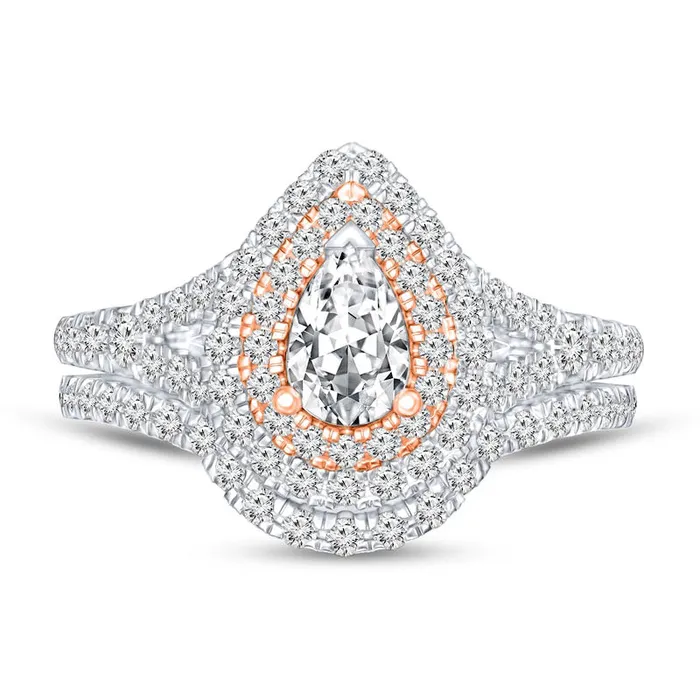 Goldia Rings 10 CT TW PearShaped Natural Diamond Double Frame Bridal Engagement Ring Set in Solid 14K TwoTone Gold Goldia Rings 10 CT TW PearShaped Natural Diamond Double Frame Bridal Engagement Ring Set in Solid 14K TwoTone Gold