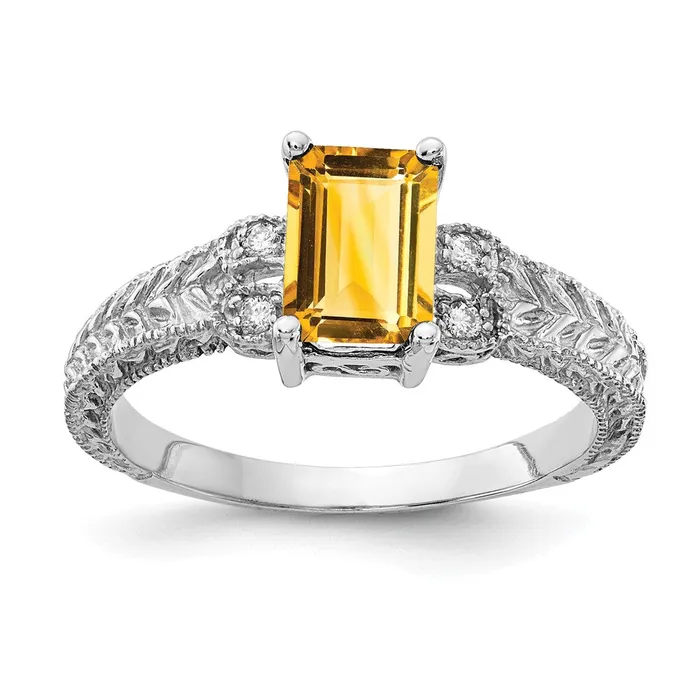 Goldia Rings 14k White Gold 7x5mm Emerald Cut Citrine AAA Diamond ring