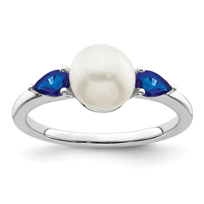 Goldia Rings 14k White Gold FWC Pearl and Sapphire Ring
