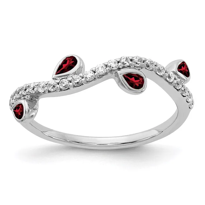 Goldia Rings 14k White Gold Real Diamond and Pear Garnet Curved Ring