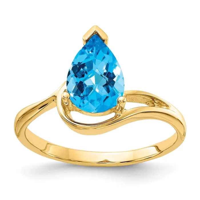 Goldia Rings 14K Yellow Gold 9x6mm Pear Blue Topaz Checker ring