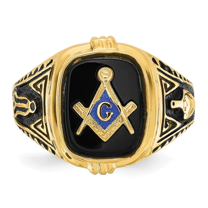 Goldia Rings 14k Yellow Gold Mens Polished Antiqued and Textured with Onyx Masonic Ring