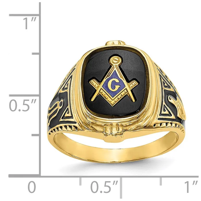 Goldia Rings 14k Yellow Gold Mens Polished Antiqued and Textured with Onyx Masonic Ring