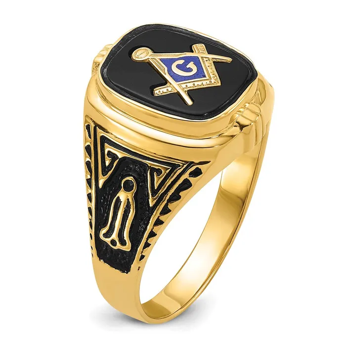 Goldia Rings 14k Yellow Gold Mens Polished Antiqued and Textured with Onyx Masonic Ring