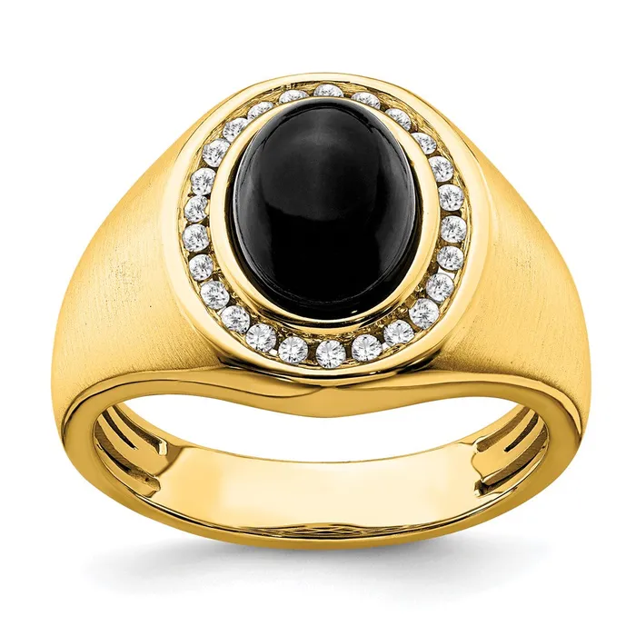 Goldia Rings 14K Yellow Gold Oval Onyx and Real Diamond Mens Ring