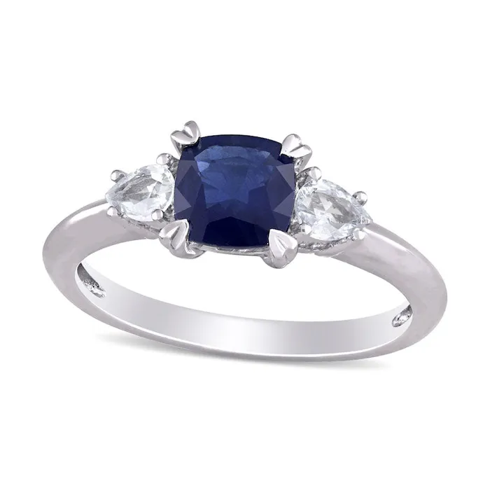 Goldia Rings 60mm CushionCut and PearShaped Blue and White Sapphire Three Stone Ring in Solid 14K White Gold Goldia Rings 60mm CushionCut and PearShaped Blue and White Sapphire Three Stone Ring in Solid 14K White Gold