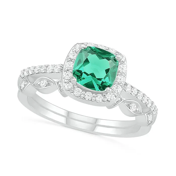 Goldia Rings 60mm CushionCut LabCreated Emerald and 025 CT TW Diamond Frame Art Deco Bridal Engagement Ring Set in Solid 10K White Gold Goldia Rings 60mm CushionCut LabCreated Emerald and 025 CT TW Diamond Frame Art Deco Bridal Engagement Ring Set in Solid 10K White Gold