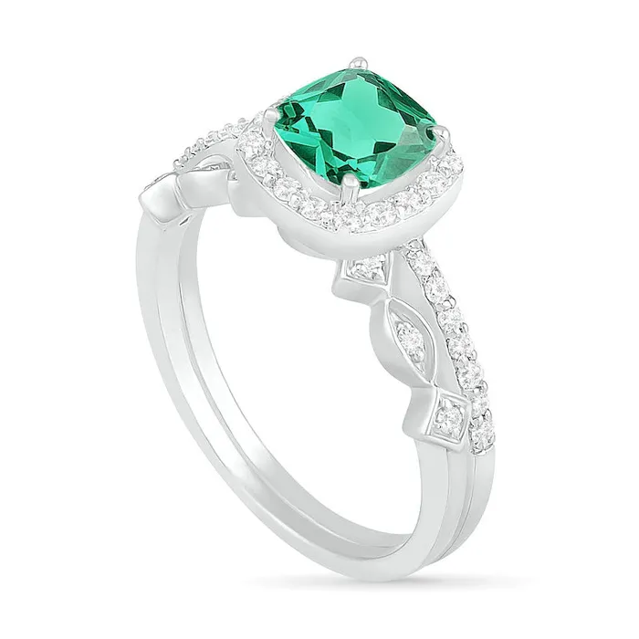 Goldia Rings 60mm CushionCut LabCreated Emerald and 025 CT TW Diamond Frame Art Deco Bridal Engagement Ring Set in Solid 10K White Gold Goldia Rings 60mm CushionCut LabCreated Emerald and 025 CT TW Diamond Frame Art Deco Bridal Engagement Ring Set in Solid 10K White Gold
