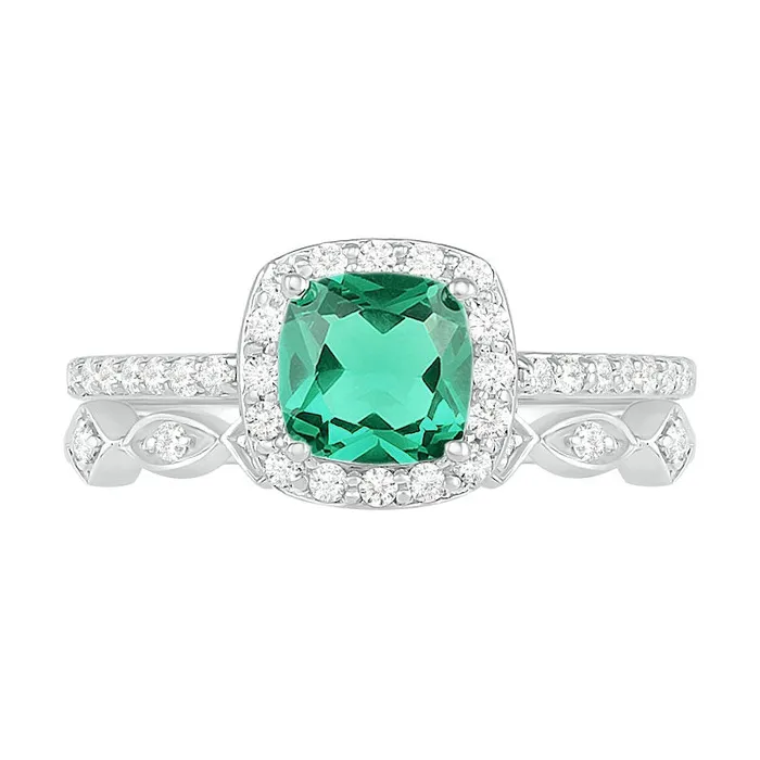 Goldia Rings 60mm CushionCut LabCreated Emerald and 025 CT TW Diamond Frame Art Deco Bridal Engagement Ring Set in Solid 10K White Gold Goldia Rings 60mm CushionCut LabCreated Emerald and 025 CT TW Diamond Frame Art Deco Bridal Engagement Ring Set in Solid 10K White Gold