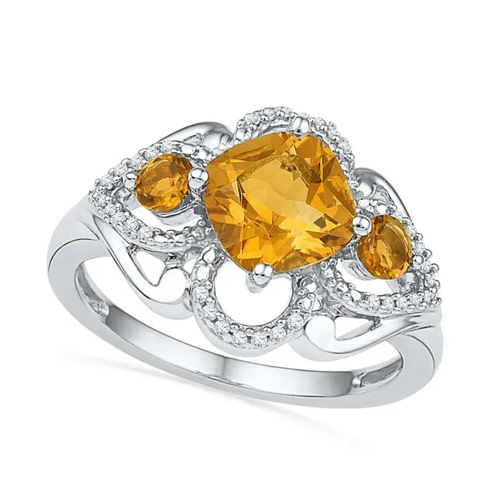 Goldia Rings 70mm CushionCut Citrine and 010 CT TW Natural Diamond Ring in Sterling Silver Goldia Rings 70mm CushionCut Citrine and 010 CT TW Natural Diamond Ring in Sterling Silver