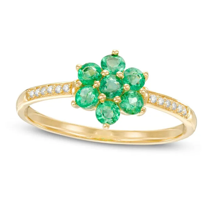 Goldia Rings Emerald and Natural Diamond Accent Flower Cluster Ring in Solid 10K Yellow Gold Goldia Rings Emerald and Natural Diamond Accent Flower Cluster Ring in Solid 10K Yellow Gold