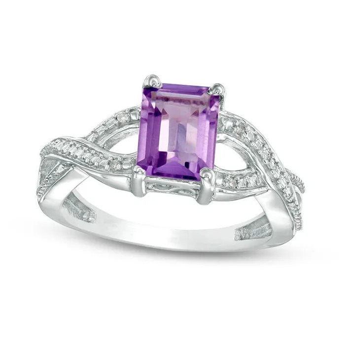 Goldia Rings EmeraldCut Amethyst and Natural Diamond Accent Twist Ring in Sterling Silver Goldia Rings EmeraldCut Amethyst and Natural Diamond Accent Twist Ring in Sterling Silver