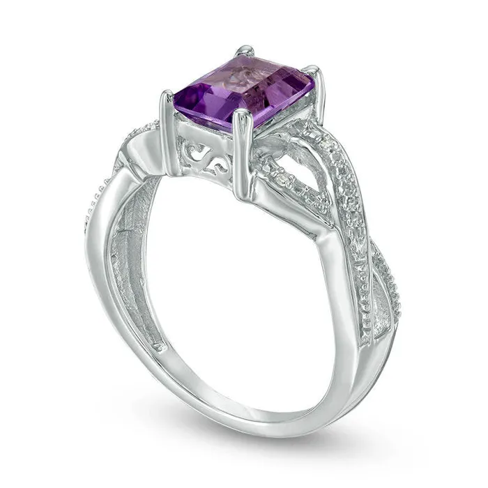 Goldia Rings EmeraldCut Amethyst and Natural Diamond Accent Twist Ring in Sterling Silver Goldia Rings EmeraldCut Amethyst and Natural Diamond Accent Twist Ring in Sterling Silver