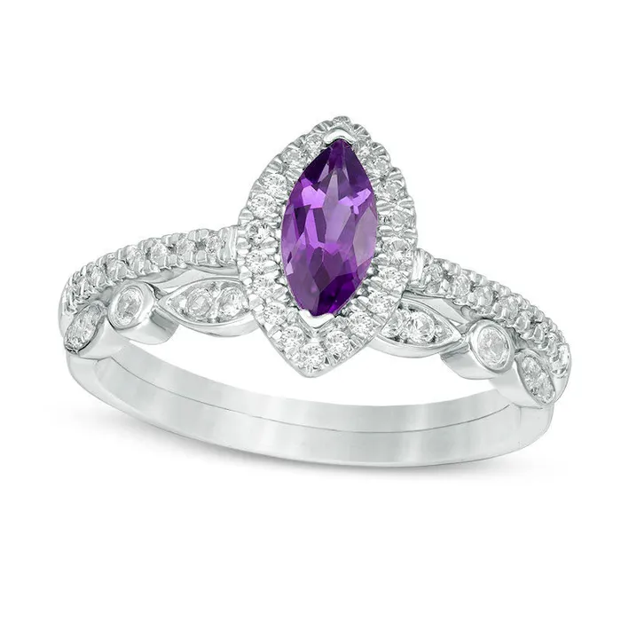 Goldia Rings Marquise Amethyst and LabCreated White Sapphire Frame Antique VintageStyle Bridal Engagement Ring Set in Solid 10K White Gold Goldia Rings Marquise Amethyst and LabCreated White Sapphire Frame Antique VintageStyle Bridal Engagement Ring Set in Solid 10K White Gold