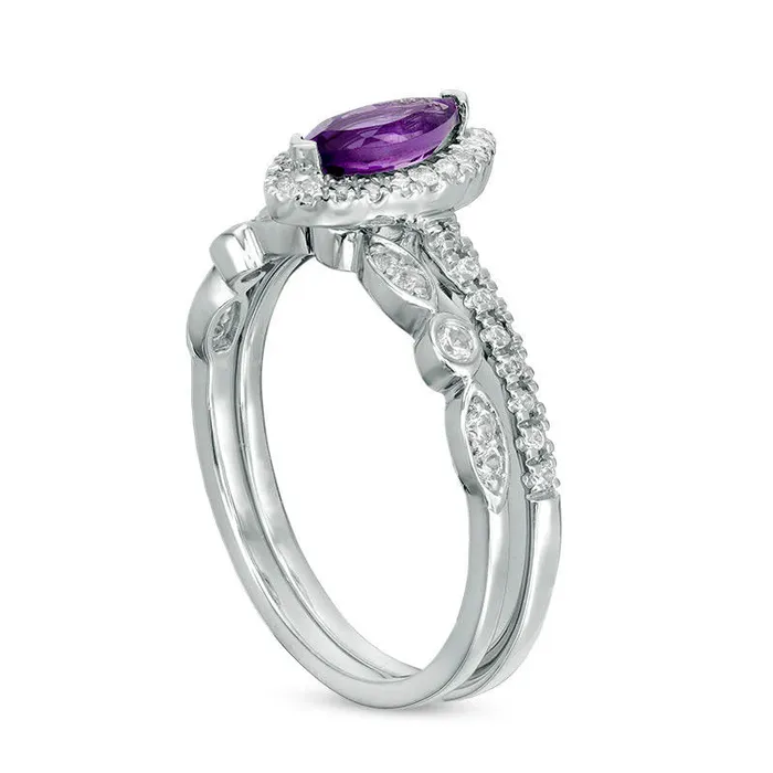 Goldia Rings Marquise Amethyst and LabCreated White Sapphire Frame Antique VintageStyle Bridal Engagement Ring Set in Solid 10K White Gold Goldia Rings Marquise Amethyst and LabCreated White Sapphire Frame Antique VintageStyle Bridal Engagement Ring Set in Solid 10K White Gold