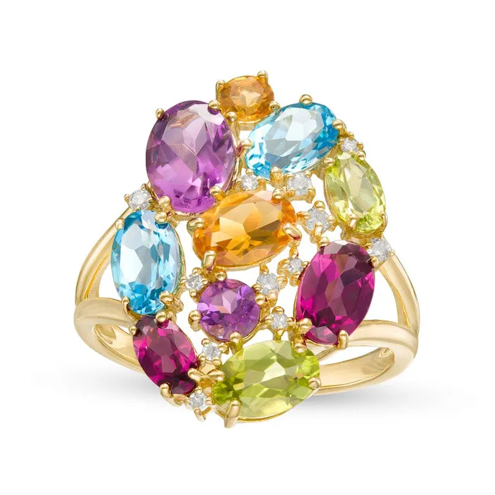 Goldia Rings Oval and Round MultiGemstone and 010 CT TW Natural Diamond Cluster Split Shank Ring in Solid 10K Yellow Gold Goldia Rings Oval and Round MultiGemstone and 010 CT TW Natural Diamond Cluster Split Shank Ring in Solid 10K Yellow Gold