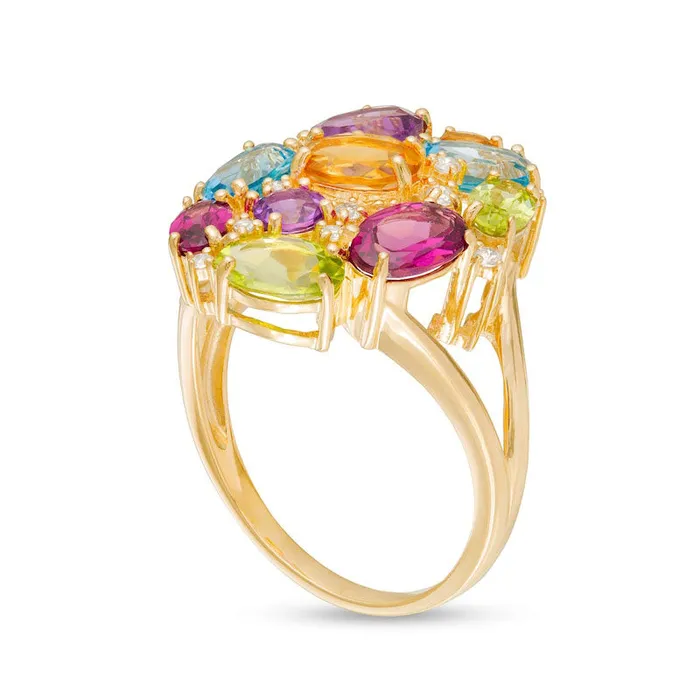 Goldia Rings Oval and Round MultiGemstone and 010 CT TW Natural Diamond Cluster Split Shank Ring in Solid 10K Yellow Gold Goldia Rings Oval and Round MultiGemstone and 010 CT TW Natural Diamond Cluster Split Shank Ring in Solid 10K Yellow Gold
