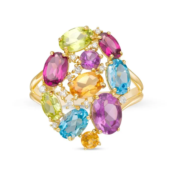 Goldia Rings Oval and Round MultiGemstone and 010 CT TW Natural Diamond Cluster Split Shank Ring in Solid 10K Yellow Gold Goldia Rings Oval and Round MultiGemstone and 010 CT TW Natural Diamond Cluster Split Shank Ring in Solid 10K Yellow Gold
