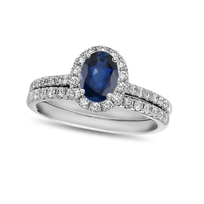 Goldia Rings Oval Blue Sapphire and 063 CT TW Natural Diamond Frame Bridal Engagement Ring Set in Solid 14K White Gold Goldia Rings Oval Blue Sapphire and 063 CT TW Natural Diamond Frame Bridal Engagement Ring Set in Solid 14K White Gold