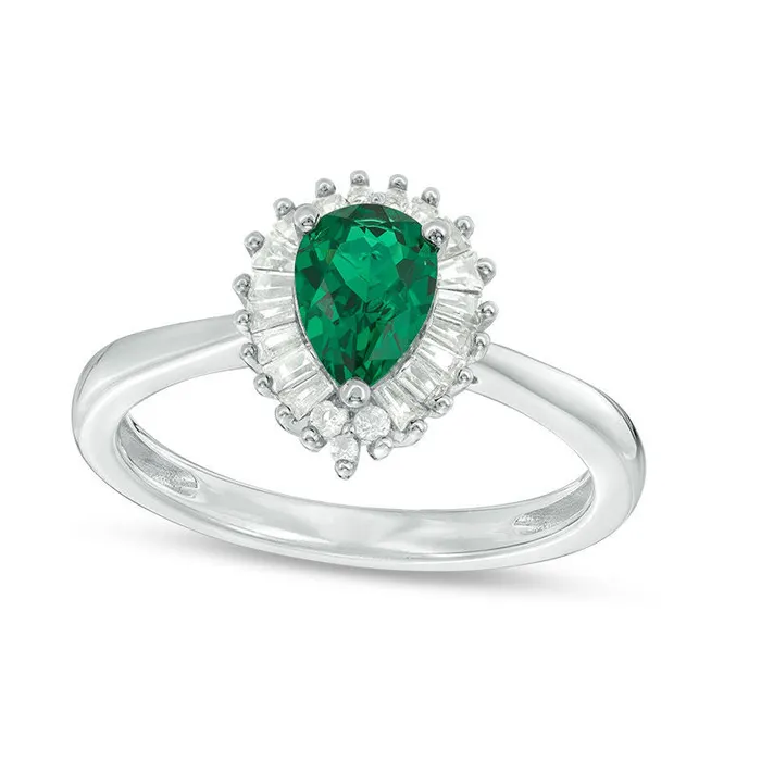 Goldia Rings PearShaped Emerald and 020 CT TW Natural Diamond Sunburst Frame Ring in Sterling Silver Goldia Rings PearShaped Emerald and 020 CT TW Natural Diamond Sunburst Frame Ring in Sterling Silver