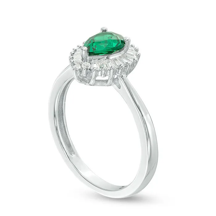 Goldia Rings PearShaped Emerald and 020 CT TW Natural Diamond Sunburst Frame Ring in Sterling Silver Goldia Rings PearShaped Emerald and 020 CT TW Natural Diamond Sunburst Frame Ring in Sterling Silver