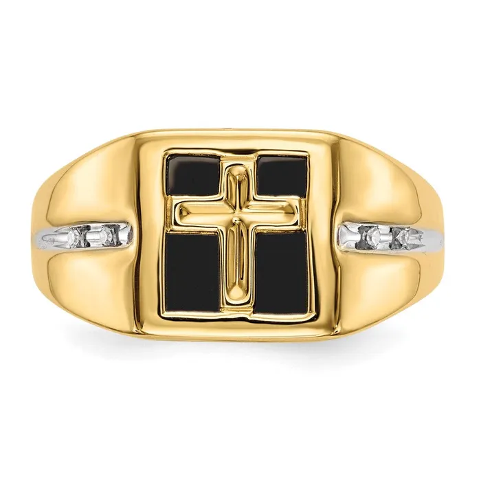 Goldia Rings Solid 14k Yellow Gold Simulated Onyx and CZ Cross Mens Ring