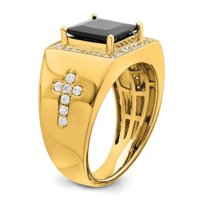 Goldia Rings Solid 14k Yellow Gold Simulated Onyx and CZ Cross Mens Ring
