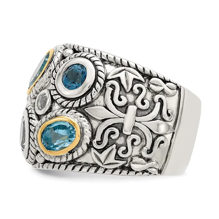 Goldia Sterling Silver w14k Gold and Blue Topaz Fancy Ring Rings