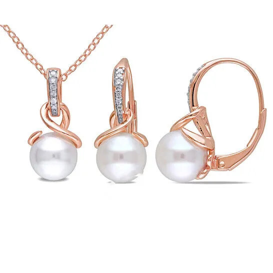 JMS always Earrings Original AMOUR 110 CT TW Diamond and 8 85 Mm Cultured Freshwater Pearl Swirl Leverback Earrings and Pendant with Chain 2piece Set In Rose Silver JMS always Earrings Original AMOUR 110 CT TW Diamond and 8 85 Mm Cultured Freshwater Pearl Swirl Leverback Earrings and Pendant with Chain 2piece Set In Rose Silver