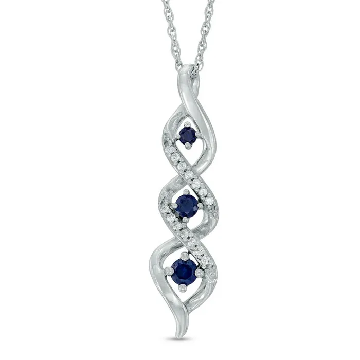 LabCreated Blue Sapphire and Diamond Accent Three Stone Pendant in Sterling Silver Goldia Necklaces LabCreated Blue Sapphire and Diamond Accent Three Stone Pendant in Sterling Silver Goldia Necklaces