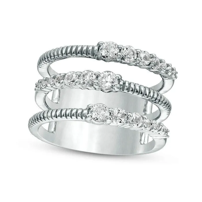 LabCreated White Sapphire and Textured Triple Row Open Shank Ring in Sterling Silver Goldia Rings LabCreated White Sapphire and Textured Triple Row Open Shank Ring in Sterling Silver Goldia Rings