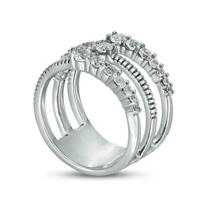 LabCreated White Sapphire and Textured Triple Row Open Shank Ring in Sterling Silver Goldia Rings LabCreated White Sapphire and Textured Triple Row Open Shank Ring in Sterling Silver Goldia Rings