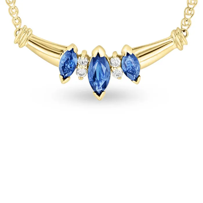 Marquise Blue Sapphire and Natural Diamond Accent Three Stone Necklace in 14K Gold 16 Goldia Necklaces Marquise Blue Sapphire and Natural Diamond Accent Three Stone Necklace in 14K Gold 16 Goldia Necklaces