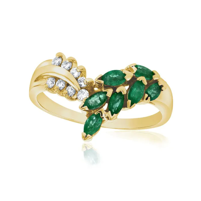Marquise Emerald and 010 CT TW Natural Diamond Leaf Branch Chevron Ring in Solid 14K Gold Goldia Rings Marquise Emerald and 010 CT TW Natural Diamond Leaf Branch Chevron Ring in Solid 14K Gold Goldia Rings