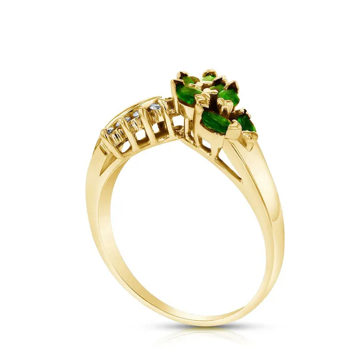 Marquise Emerald and 010 CT TW Natural Diamond Leaf Branch Chevron Ring in Solid 14K Gold Goldia Rings Marquise Emerald and 010 CT TW Natural Diamond Leaf Branch Chevron Ring in Solid 14K Gold Goldia Rings