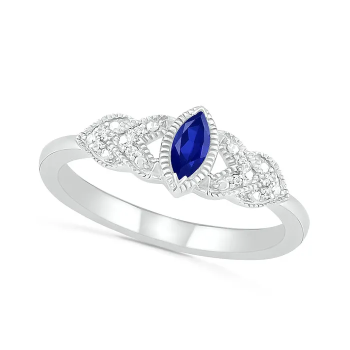Marquise LabCreated Blue Sapphire and Diamond Accent Layered LeafSides Antique VintageStyle Ring in Sterling Silver Goldia Rings Marquise LabCreated Blue Sapphire and Diamond Accent Layered LeafSides Antique VintageStyle Ring in Sterling Silver Goldia Rings