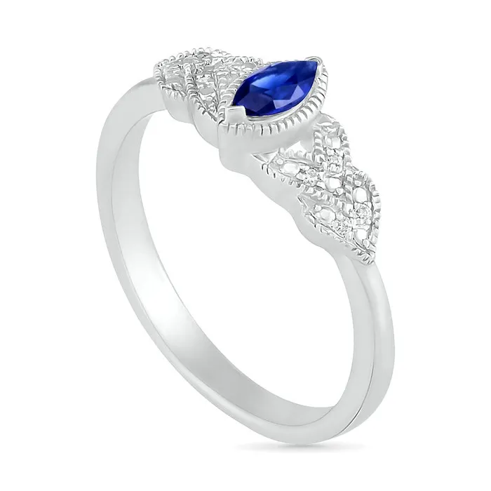 Marquise LabCreated Blue Sapphire and Diamond Accent Layered LeafSides Antique VintageStyle Ring in Sterling Silver Goldia Rings Marquise LabCreated Blue Sapphire and Diamond Accent Layered LeafSides Antique VintageStyle Ring in Sterling Silver Goldia Rings