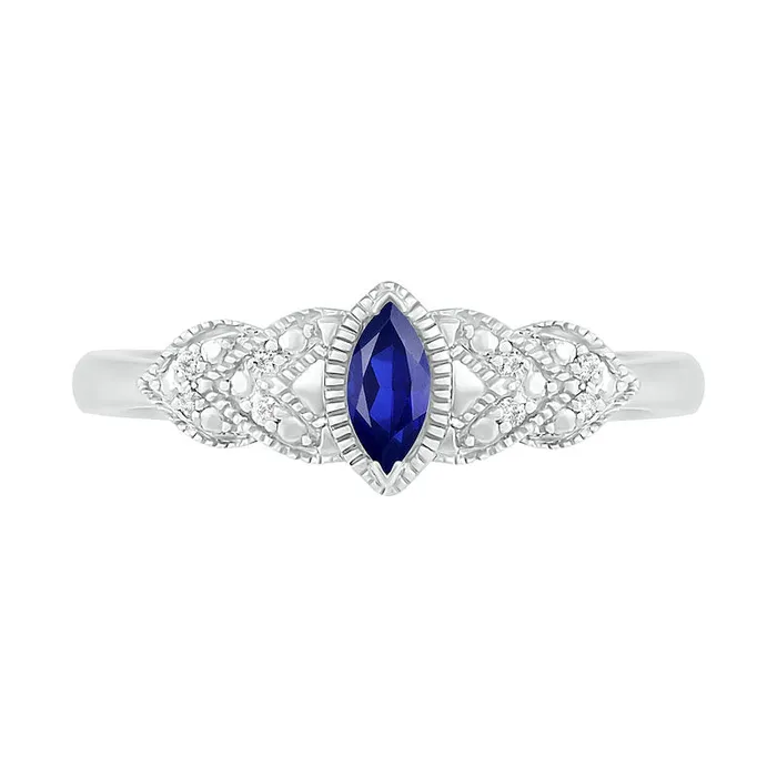 Marquise LabCreated Blue Sapphire and Diamond Accent Layered LeafSides Antique VintageStyle Ring in Sterling Silver Goldia Rings Marquise LabCreated Blue Sapphire and Diamond Accent Layered LeafSides Antique VintageStyle Ring in Sterling Silver Goldia Rings