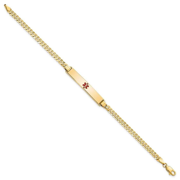 MDS Bracelets Solid 14K Yellow Gold Medical Red Enamel Flat Curb Link ID Bracelet MDS Bracelets Solid 14K Yellow Gold Medical Red Enamel Flat Curb Link ID Bracelet