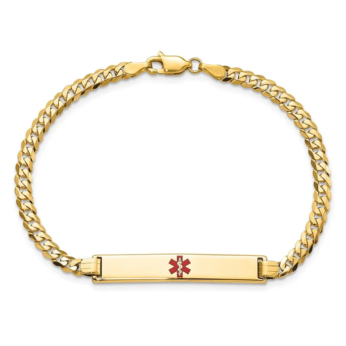 MDS Bracelets Solid 14K Yellow Gold Medical Red Enamel Flat Curb Link ID Bracelet MDS Bracelets Solid 14K Yellow Gold Medical Red Enamel Flat Curb Link ID Bracelet