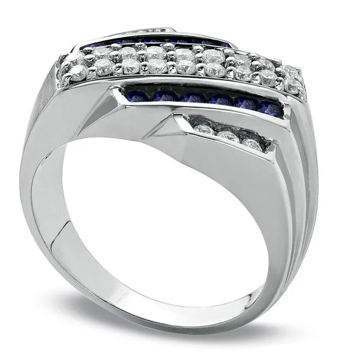 Mens Blue Sapphire and 063 CT TW Natural Diamond Slant Ring in Solid 14K White Gold Goldia Rings Mens Blue Sapphire and 063 CT TW Natural Diamond Slant Ring in Solid 14K White Gold Goldia Rings