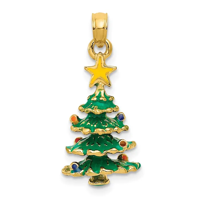 Necklaces 14k Yellow Gold 3D Enameled Christmas Tree Pendant Goldia