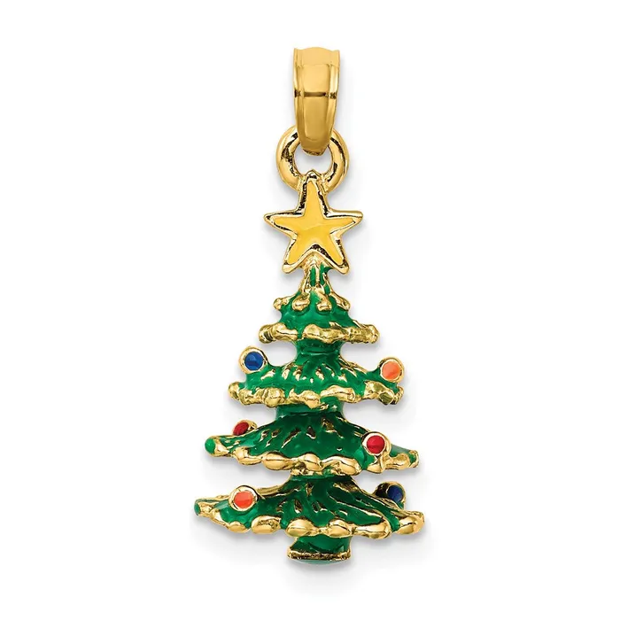 Necklaces 14k Yellow Gold 3D Enameled Christmas Tree Pendant Goldia