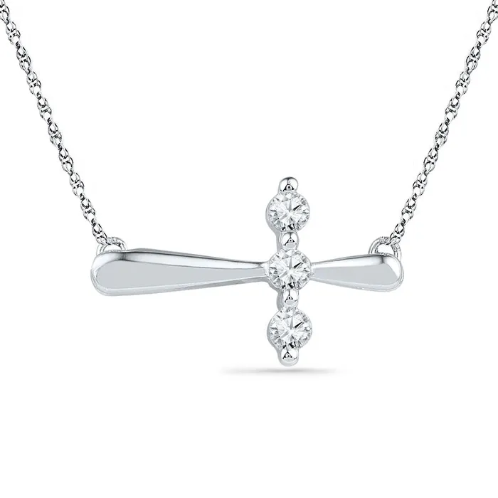 Necklaces Goldia 017 CT TW Natural Diamond Three Stone Sideways Cross Necklace in Sterling Silver Necklaces Goldia 017 CT TW Natural Diamond Three Stone Sideways Cross Necklace in Sterling Silver