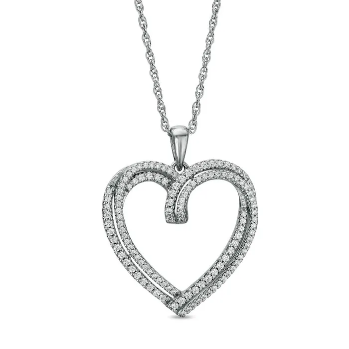 Necklaces Goldia 05 CT TW Natural Diamond Double Row Heart Pendant in Sterling Silver Necklaces Goldia 05 CT TW Natural Diamond Double Row Heart Pendant in Sterling Silver