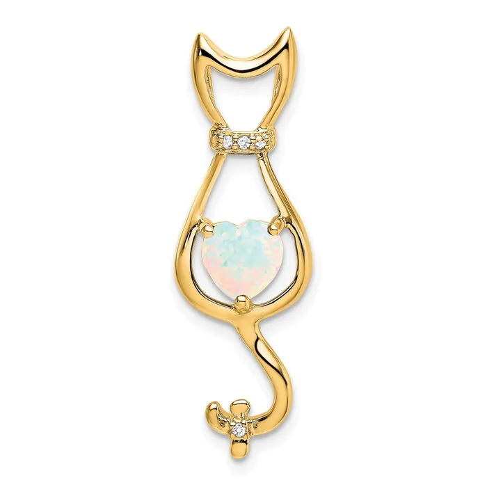 Necklaces Goldia 14K Yellow Gold Created Opal and Real Diamond Cat Pendant