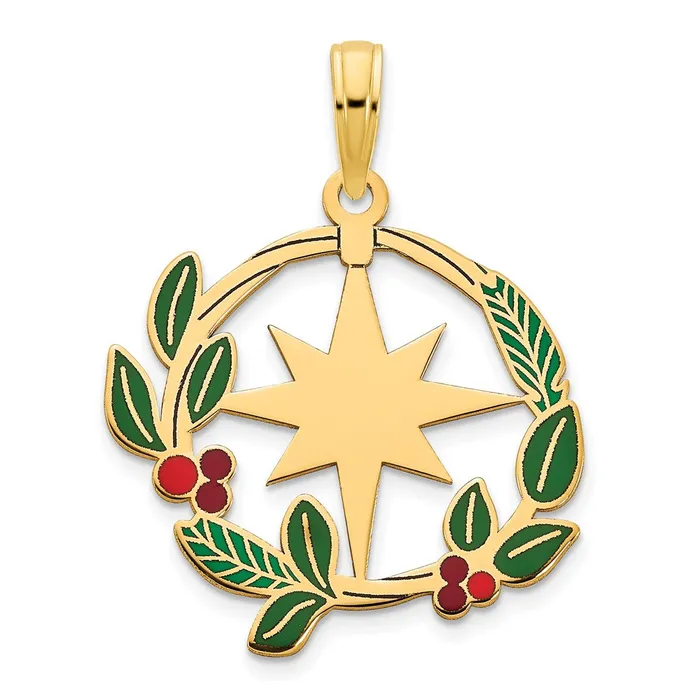 Necklaces Goldia 14k Yellow Gold Epoxy Mistletoe and North Star Circle Pendant