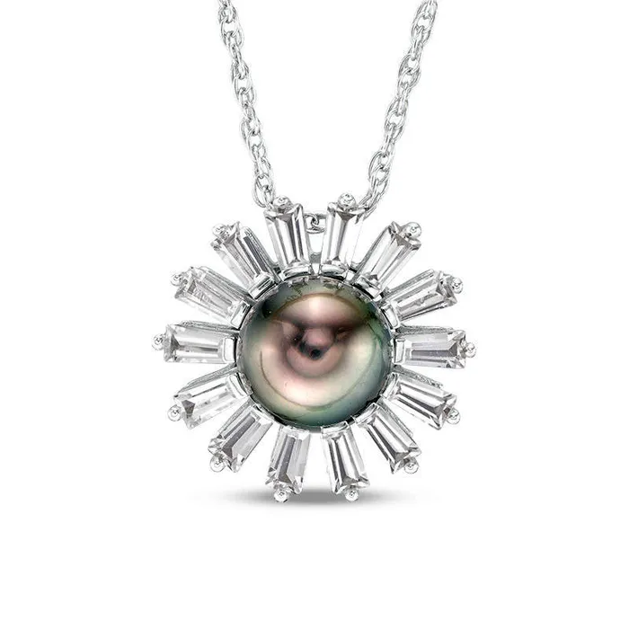 Necklaces Goldia 80mm Grey Cultured Tahitian Pearl and Baguette LabCreated White Sapphire Flower Pendant in Sterling Silver Necklaces Goldia 80mm Grey Cultured Tahitian Pearl and Baguette LabCreated White Sapphire Flower Pendant in Sterling Silver